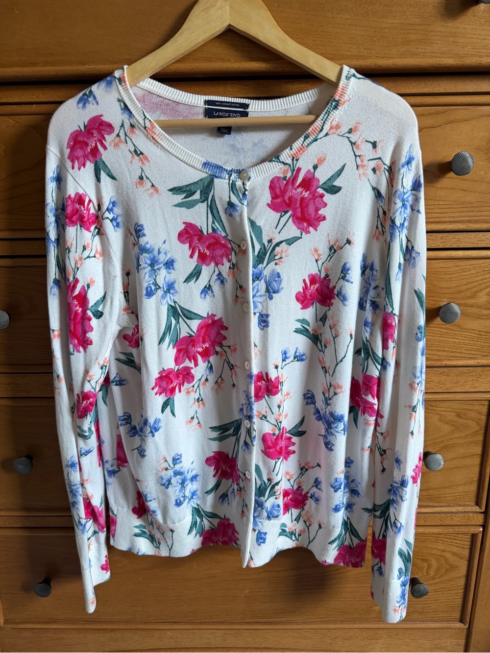 Lands End 100% Supima Cotton Floral Cardigan Womens XL 18 Cottagecore Coastal